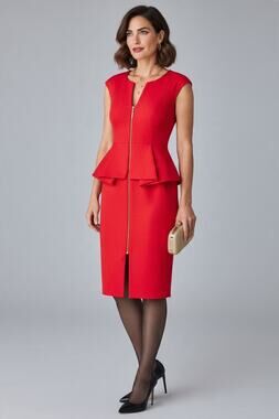 Ted Baker London Dress Size 2 Red Peplum Gold Zip Front Cap Sleeve Cocktail